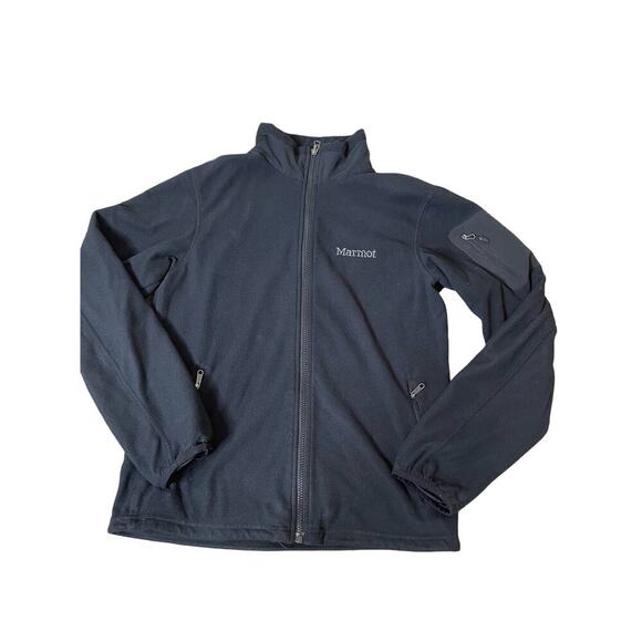 Marmot fleece jacket black full zip thumb holes active wear chore running SZ SM - Picture 2 of 11